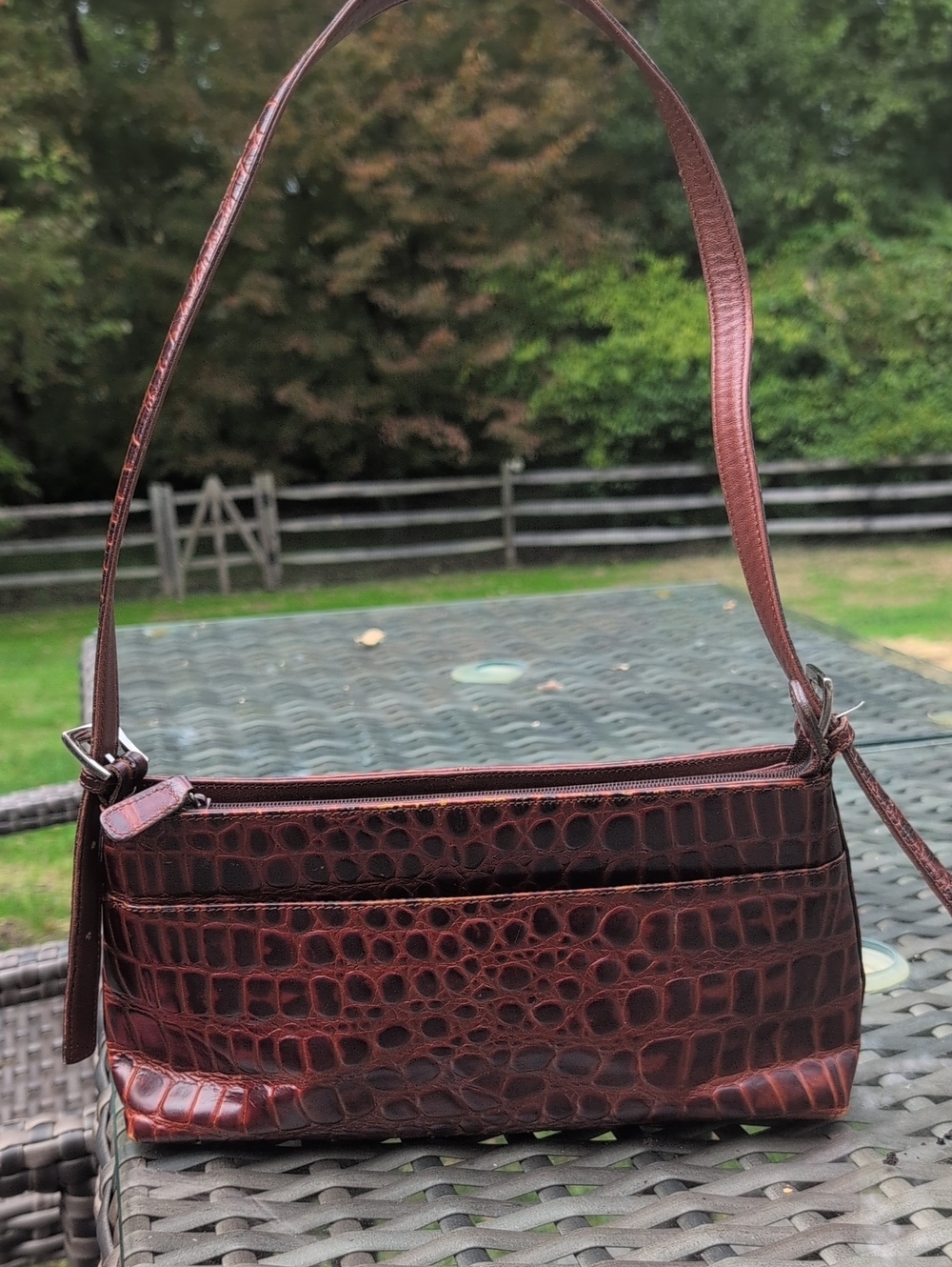 Valerie Stevens Croc-Embossed Leather Shoulder Bag in Dark Brown